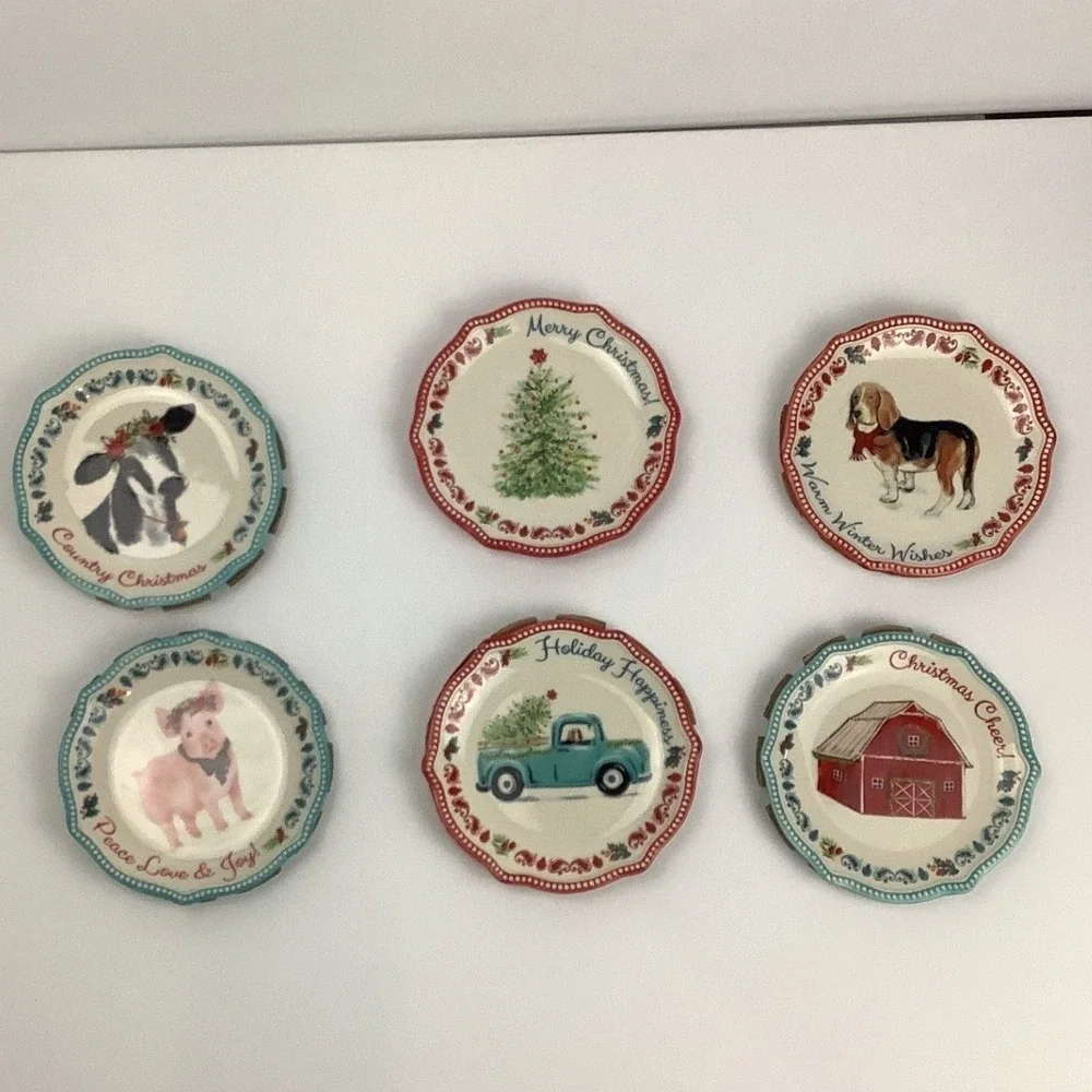 Pioneer Woman Novelty Icons Christmas Appetizer Plate Set 6pc 6.5in Stoneware